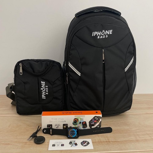 IPHONE BAGS Backpack With Sling Bag AND ,T100 PLUS SMART WATCH COMBO